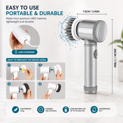 Electric Scrubber Brush with 5 Interchangeable Heads – USB Rechargeable, Waterproof Cleaning Brush for Kitchen, Bathroom & Tiles
